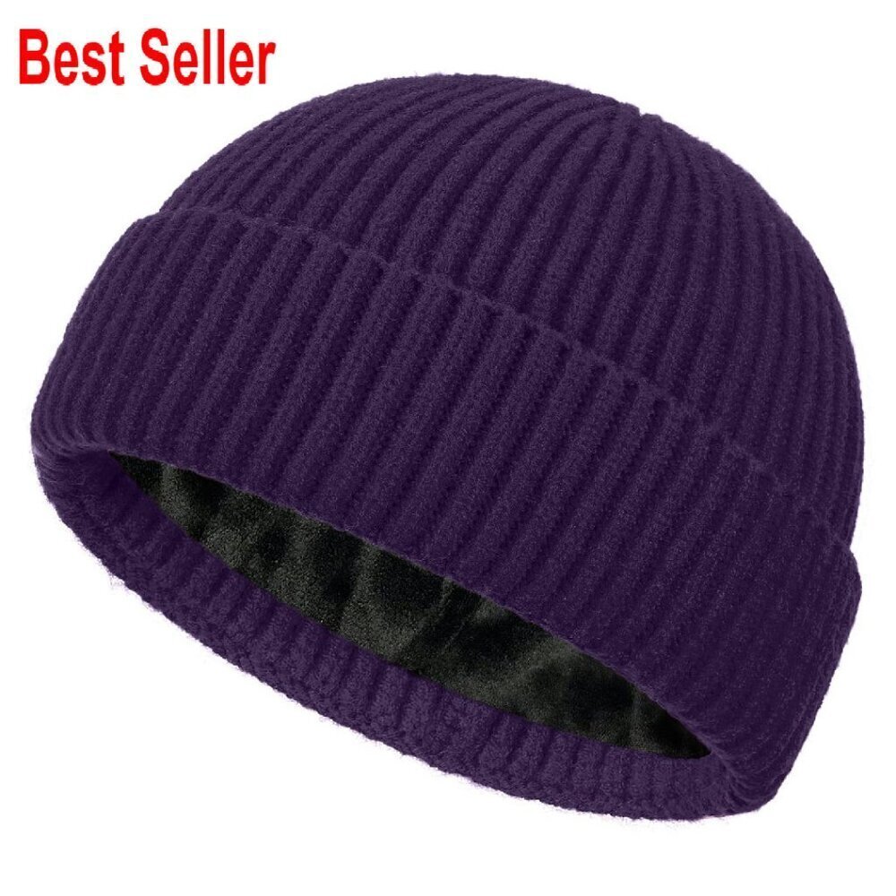 Fleece Lined Wool Fisherman Beanie Warm Knit Cuffed Cap Unisex Winter Hat
